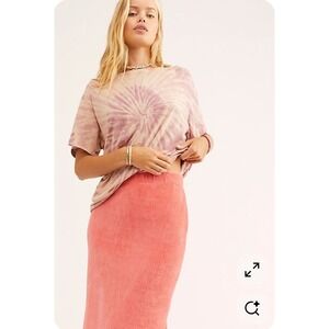 Free People Helen Ribbed Tube Midi Skirt Elastic‎ Waist Slit Coral size LARGE